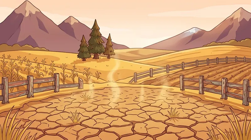 Cracked, dry farmland under a hot sky