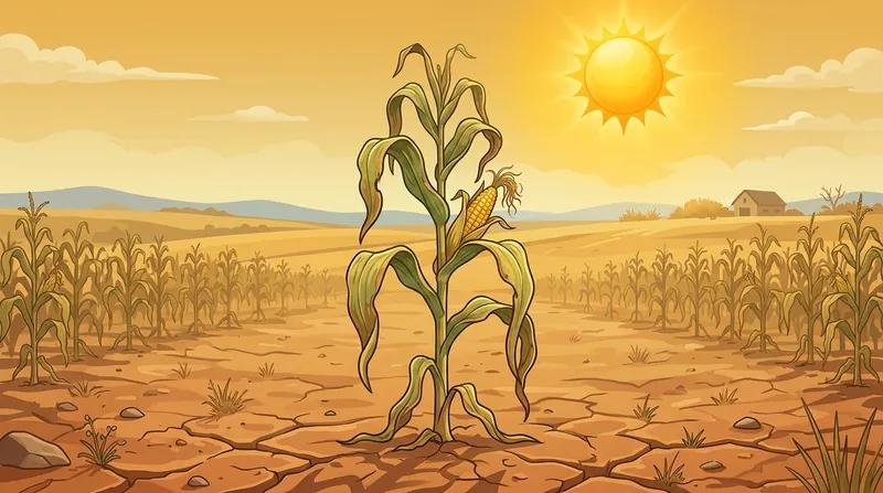 A wilting maize plant in a dry field