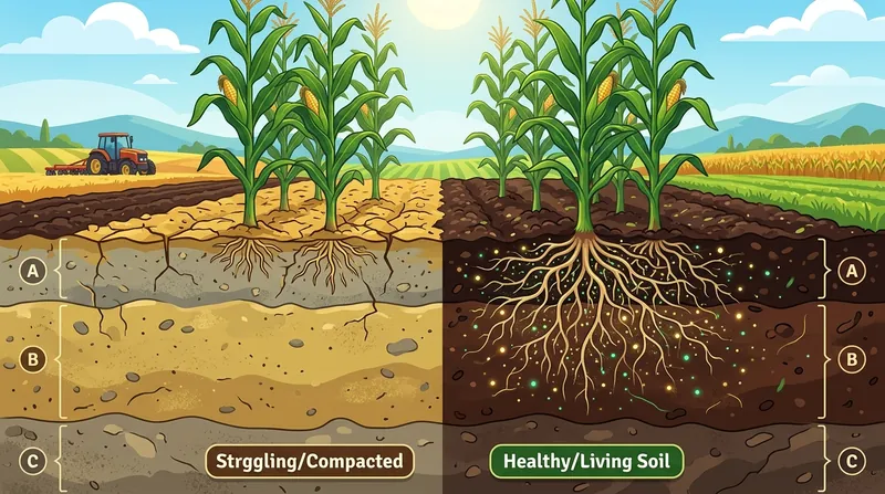 Compacted soil next to healthy living soil with deep roots
